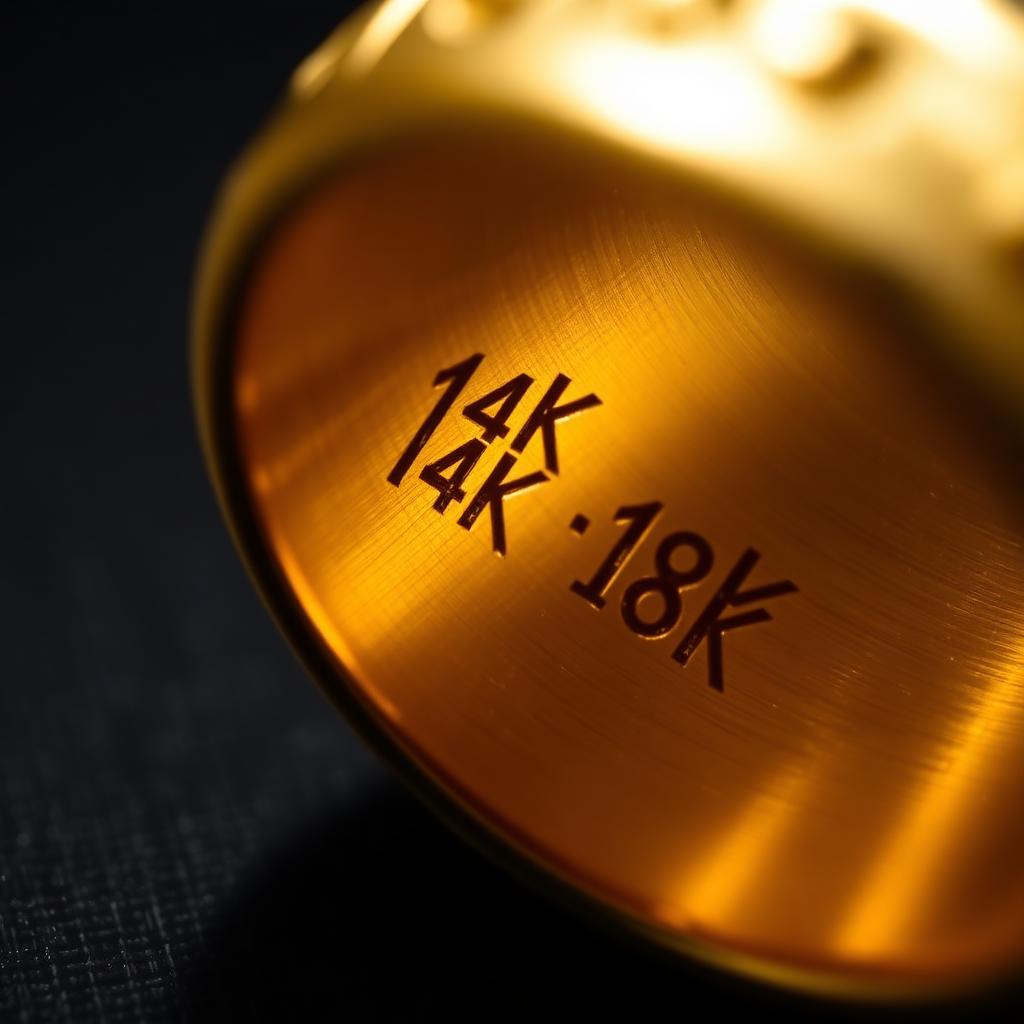 Macro close-up of 14K and 18K karat hallmark stamps on a gold ring